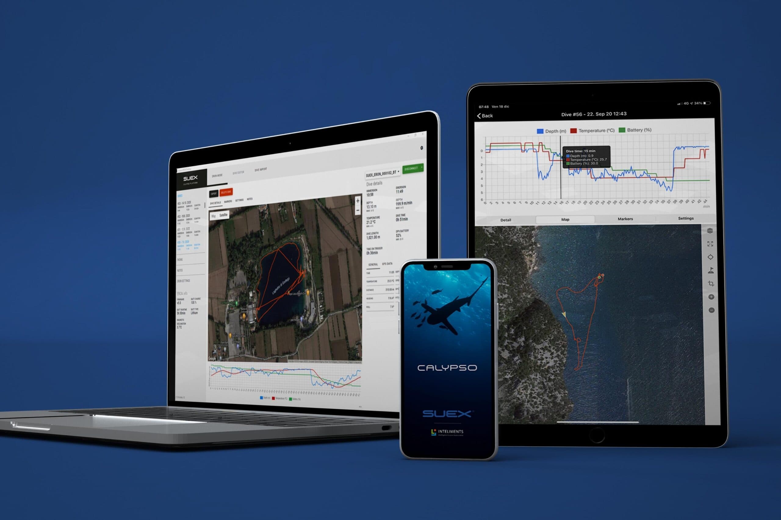 Piattaforma Calypso SUEX su notebook, tablet e smartphone: mappa dell’immersione, grafici di profondità e dati del DPV