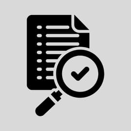 Icona verifica dei requisiti: documento con lente d’ingrandimento e segno di spunta