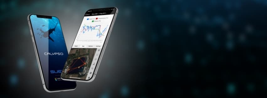 Due smartphone con l’app Calypso: schermata di avvio e traccia dell’immersione su mappa satellitare