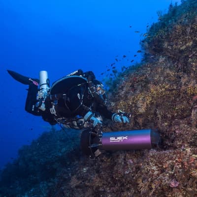 Subacqueo costeggia una parete di corallo con il DPV Goldfinder